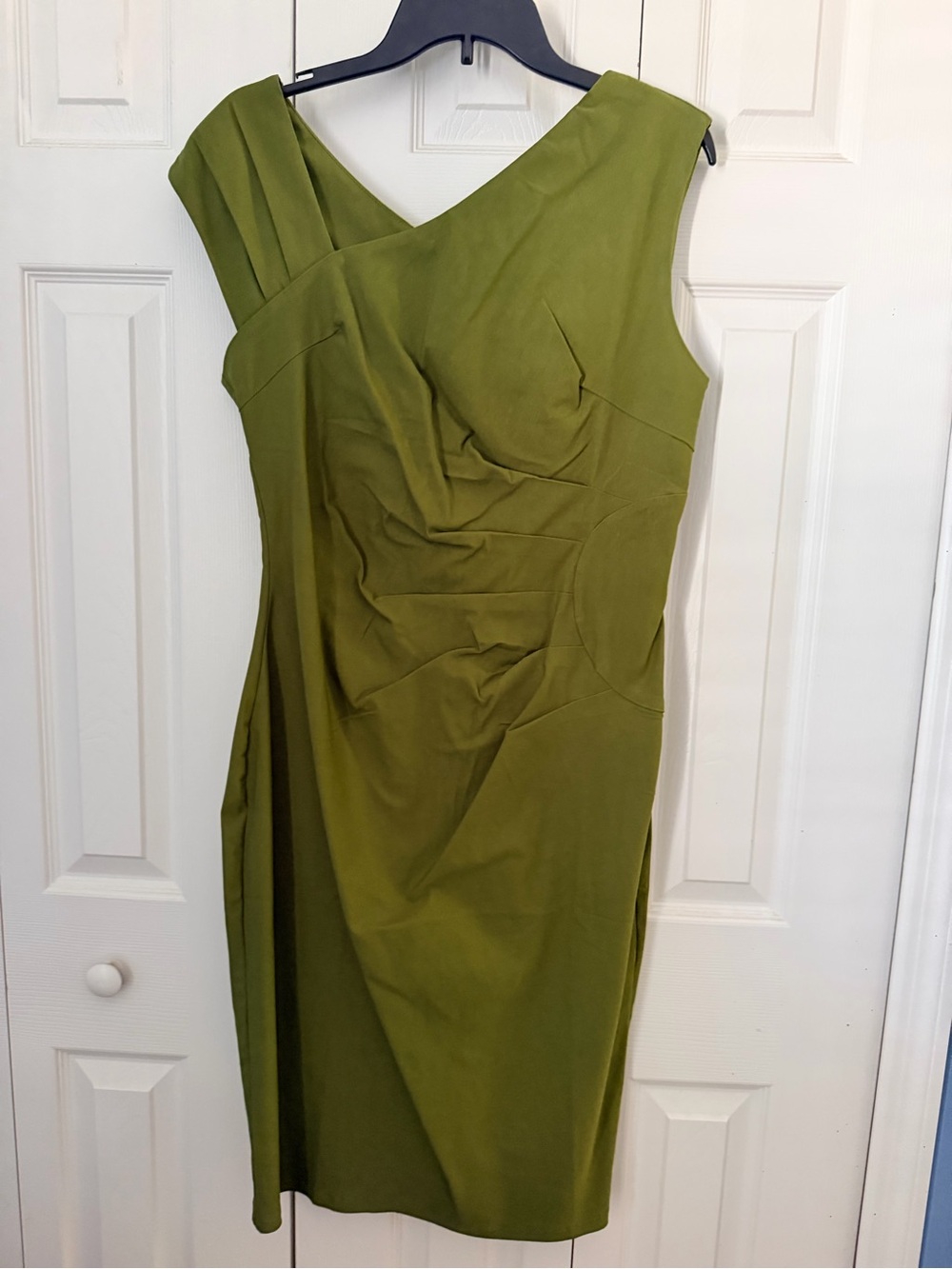 Olive Green Draped Midi Sheath Dress